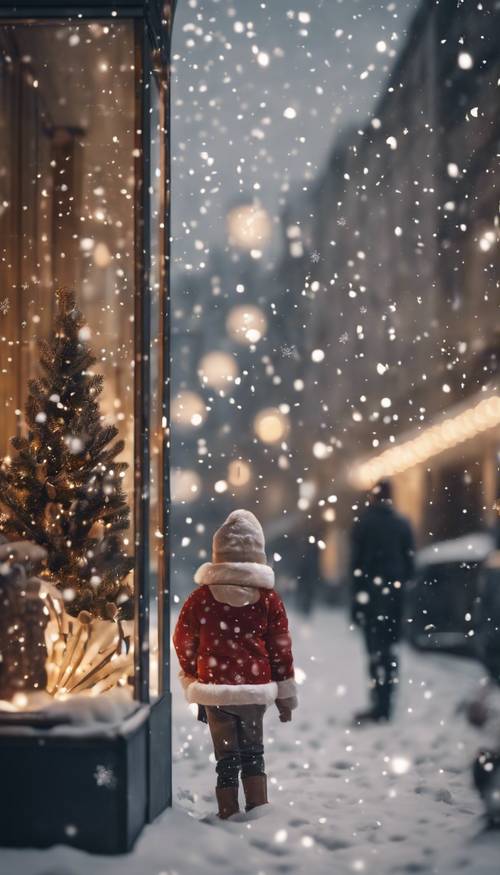 Escena navideña de escaparates en una ciudad elegante con copos de nieve cayendo.