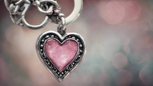 Apreciado amuleto rosa em forma de coração em uma pulseira de prata.