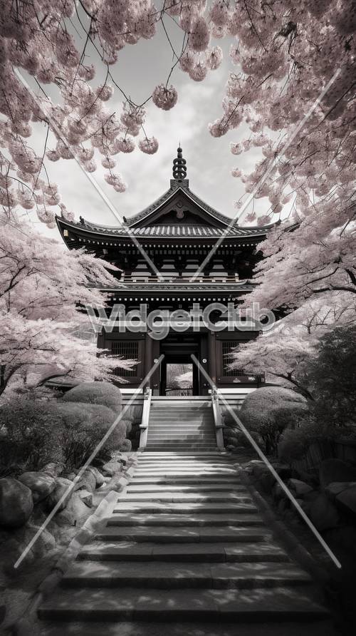 Geleneksel Japon Tapınağında Kiraz Çiçekleri