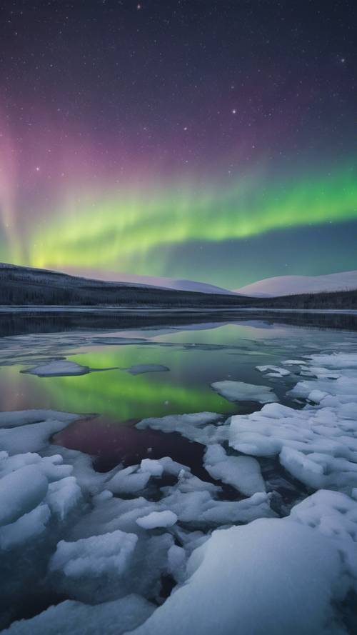 Donmuş tundraları kesen donmuş bir nehrin camsı yüzeyine yansıyan Kuzey Işıkları