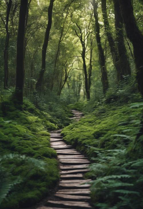 Un bosque denso y fresco con un camino estrecho y sinuoso que conduce al corazón del mismo.