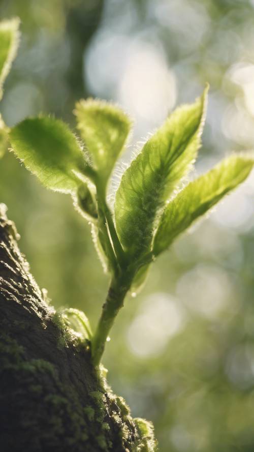 Eine frische Knospe, die im Frühling im Sonnenlicht aus einem grünen Baumstamm sprießt.