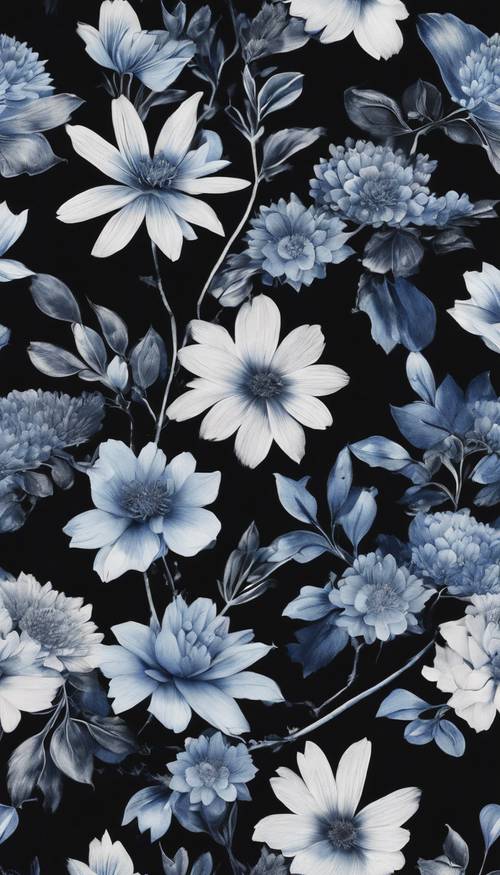 A beautiful pattern of monochrome blue flowers on a black silk fabric.