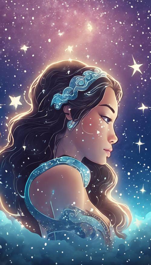 A cute illustrated Aquarius zodiac sign with bright stars in the background.