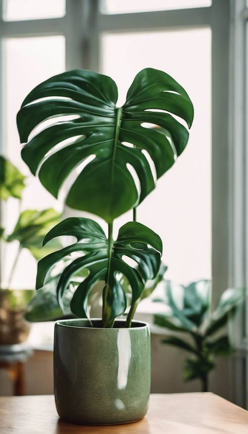 Una planta monstera de color verde oscuro sentada en una maceta de cerámica en una habitación luminosa y soleada.