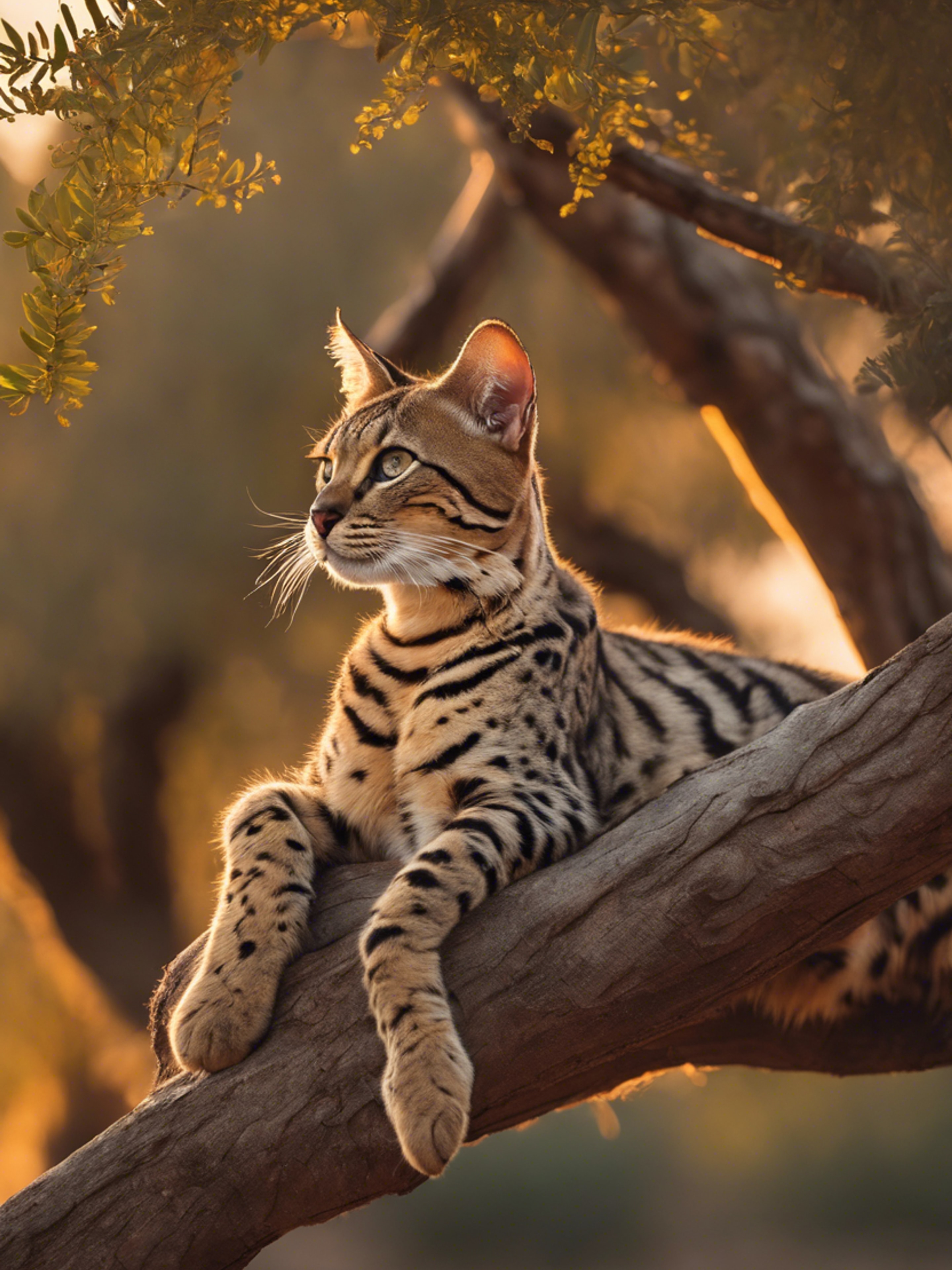 A gang of wild Savannah cats lounging in the boughs of an Acacia tree at sunset. Wallpaper[a508fe07359c4b249863]