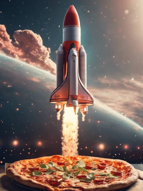 Kozmosa doğru patlayan pizza yakıtlı bir roket gemisi.
