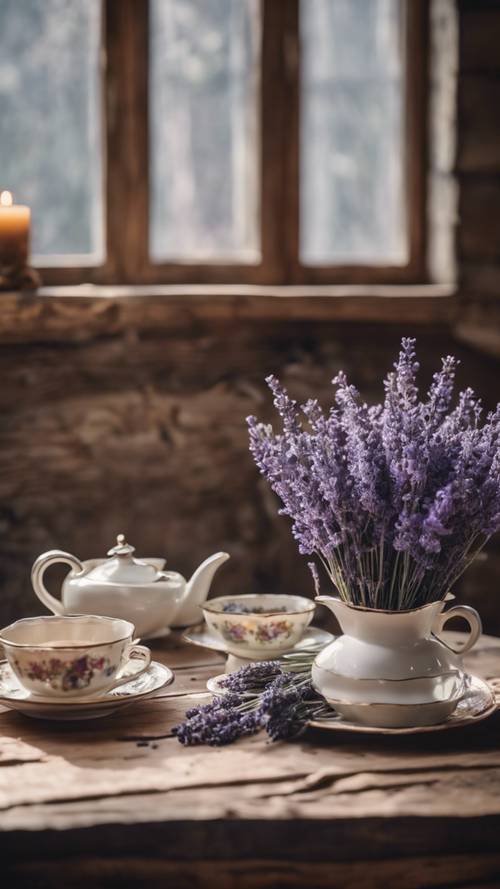 A rustic wooden table set with a fresh bouquet of lavender and a vintage tea set.