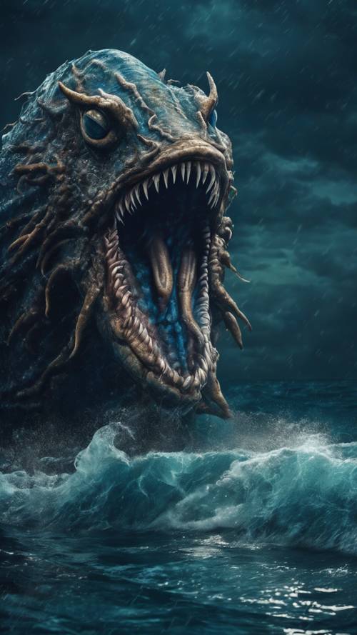 A massive sea monster emerging from the depths of the deep, blue ocean during a stormy night.