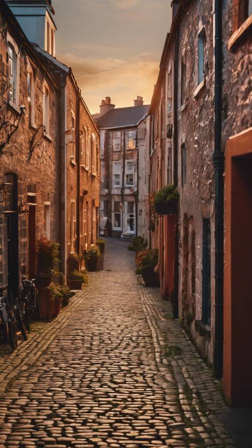 A rustic cobblestone alley in Cork City during sunset, lined with old, charming buildings.