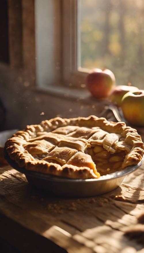 Una luz cálida y dorada baña una tarta de manzana casera con vapor flotando en la acogedora cocina de una granja rústica durante el otoño.