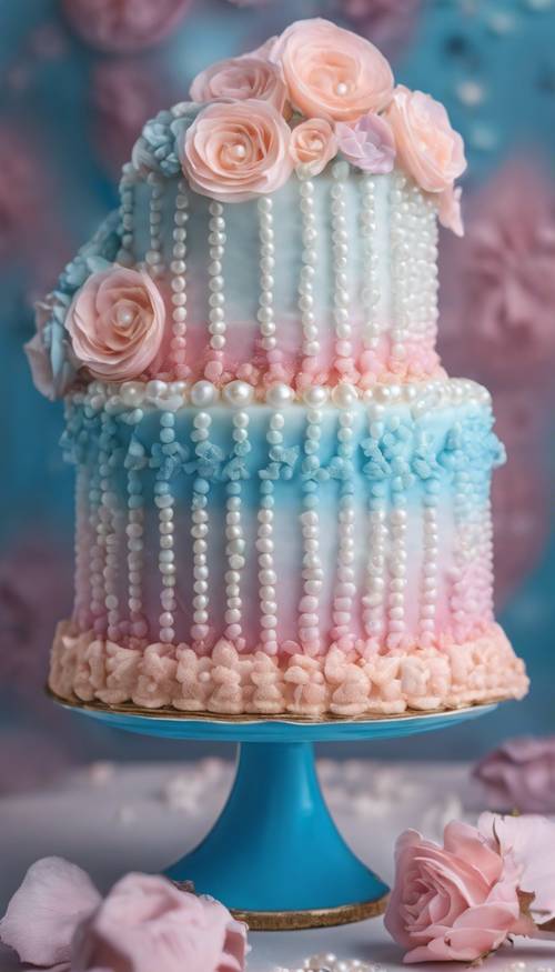 Różowo-niebieski pastelowy tort ombre, elegancko ozdobiony jadalnymi perłami.