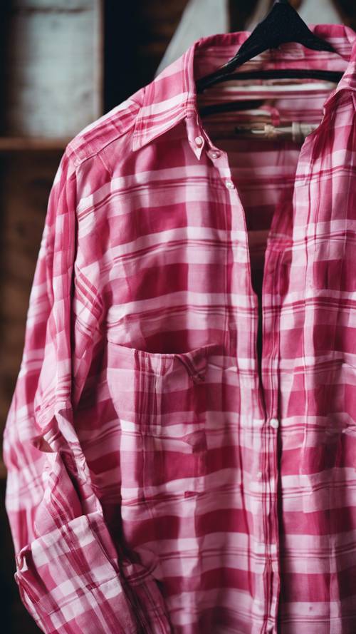 一件鲜艳的粉白格子衬衫挂在木衣架上