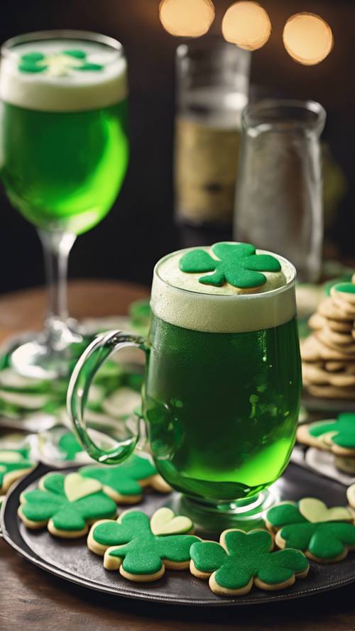 Biscoitos de trevo e cerveja verde dispostos em uma mesa para uma festa do Dia de São Patrício.