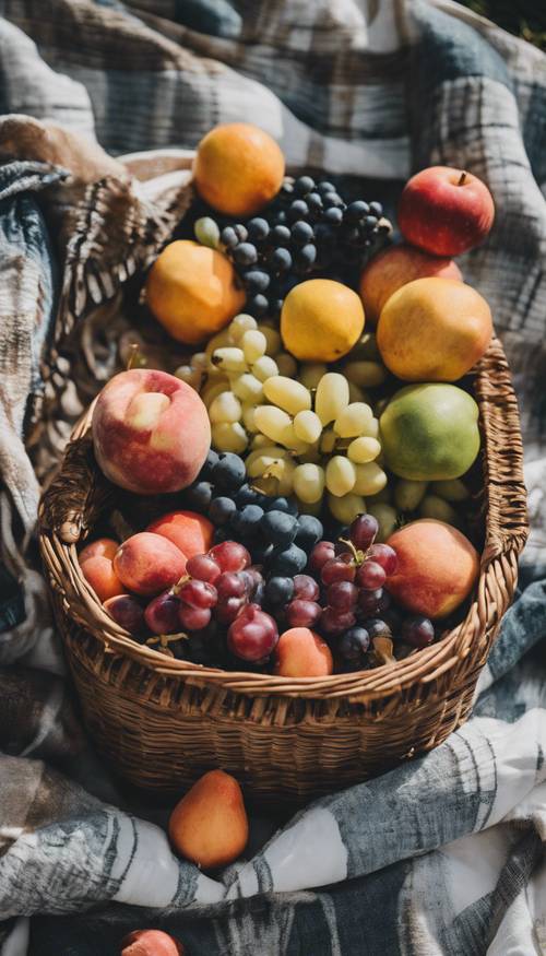 A flat lay of a picnic setup with a boho tie dye blanket and a basket full of fruits.