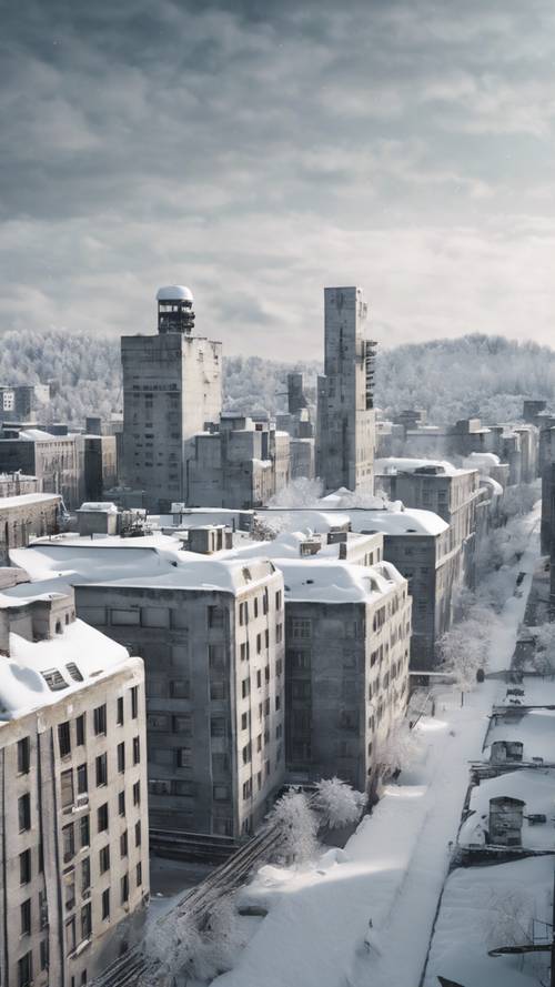 A city scene depicting gray concrete buildings contrasted by a bright, white snowy scene.