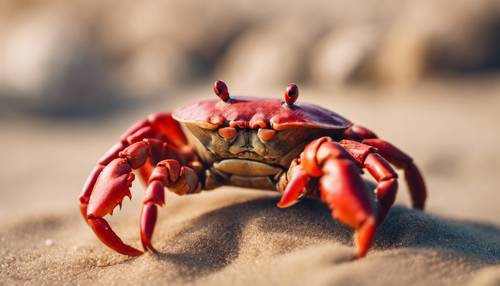 A cute red crab hiding in the sand at the beach.