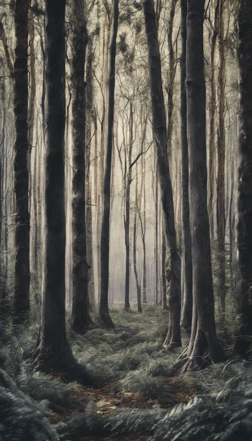 Dessinez un motif homogène représentant une forêt sombre, avec des arbres se fondant les uns dans les autres.