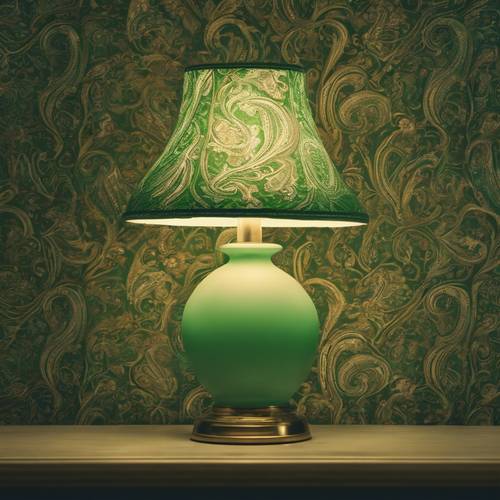 An old-fashioned green paisley wallpaper under the soft glow of a vintage lamp.