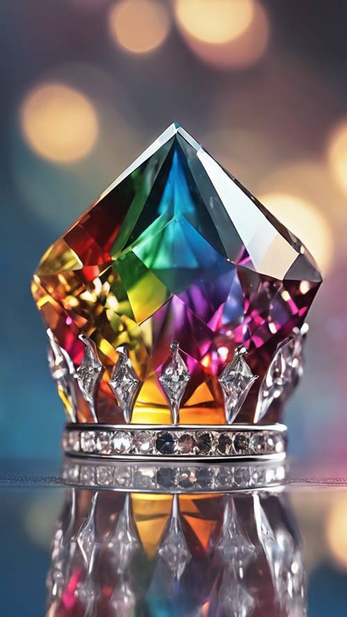 Uma coroa de diamante refletindo um esplêndido espectro de arco-íris, colocada em uma torre de cristal.
