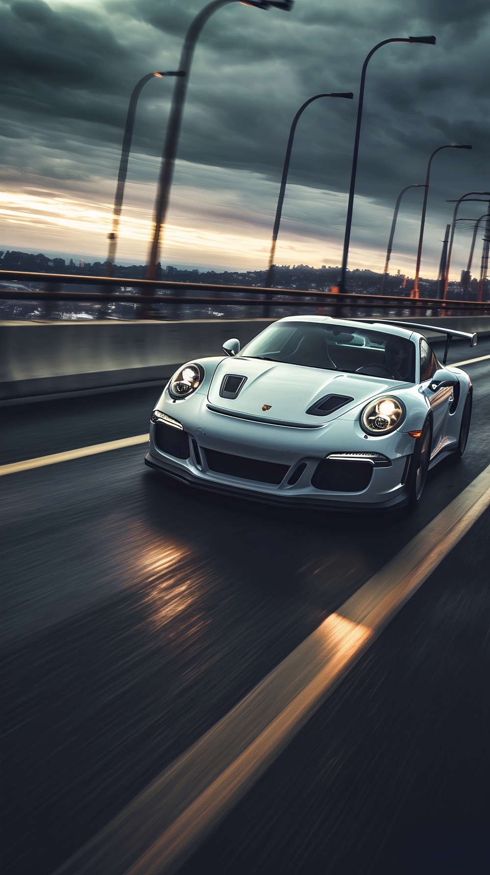 Speeding Silver Sports Car on Highway at Sunset Tapeta[00c1ae0fd0354acd96b1]