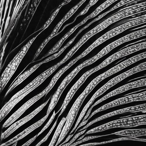 Macro shot of the intricate vein pattern on a black palm leaf.