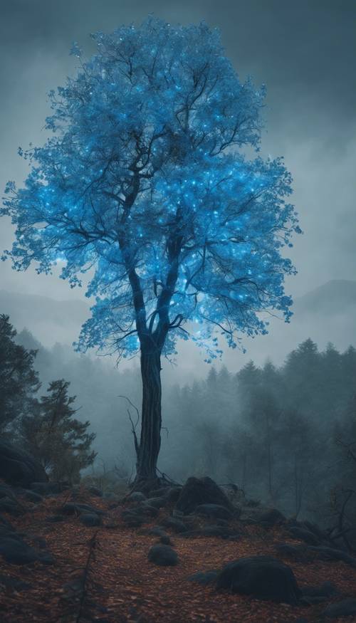 Un albero blu neon solitario in una fitta foresta