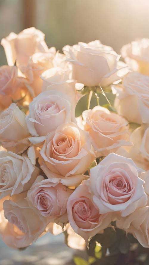 Buket mawar pastel yang lembut di bawah sinar matahari yang lembut.