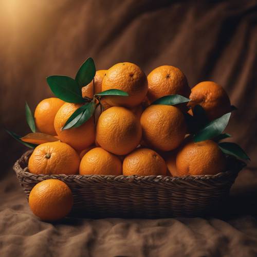 棕色紋理背景上裝滿成熟多汁橙子的編織籃。 牆紙 [b1a117e7d07544da8249]