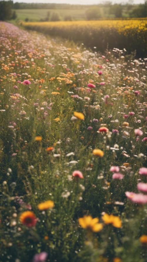 Flores que florecen en un prado primaveral formando un patrón de rayas en todo el paisaje.