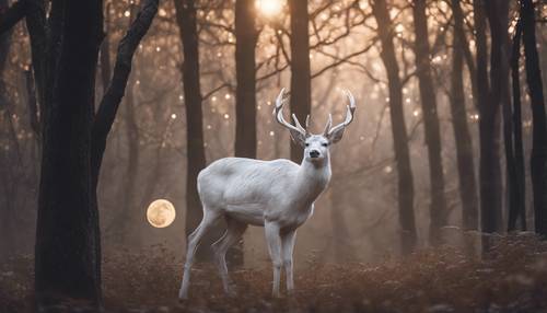 An albino deer under the glow of a full moon in a dark, mystical forest.