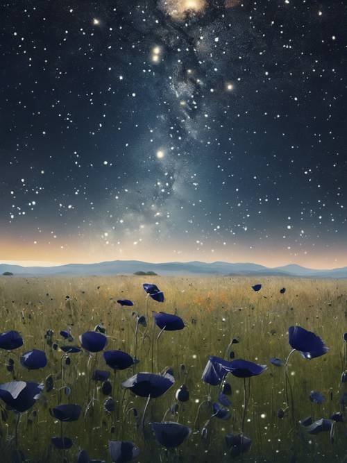 Un cielo nocturno estrellado sobre una pradera, con siluetas de amapolas negras que se elevan hacia la Vía Láctea.