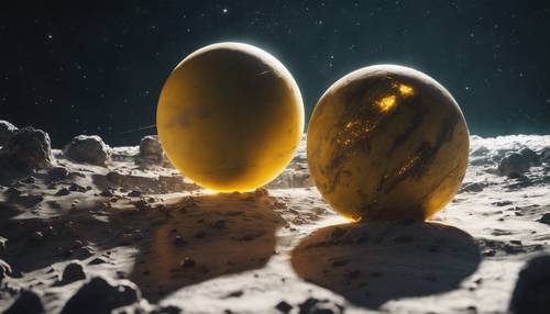 Zwei gelbe Planeten, die sich im Weltraum eng umkreisen.