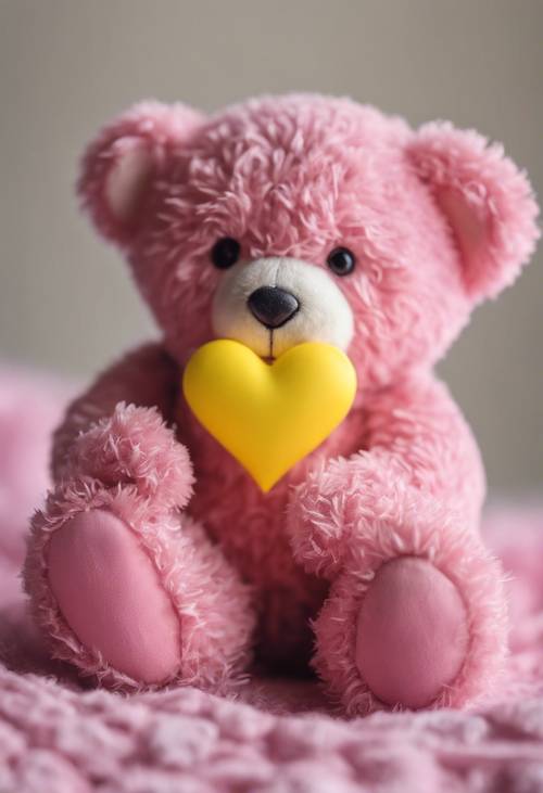 Un simpatico orsacchiotto rosa che tiene in mano un cuore giallo.