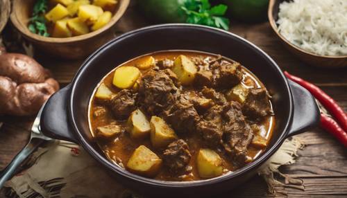 A Jamaican goat curry with chunks of goat meat and potatoes on a wooden table.