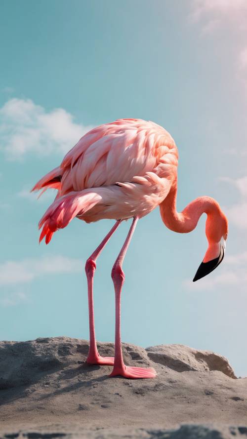 A vibrant pink flamingo stands alone against a pale blue sky.