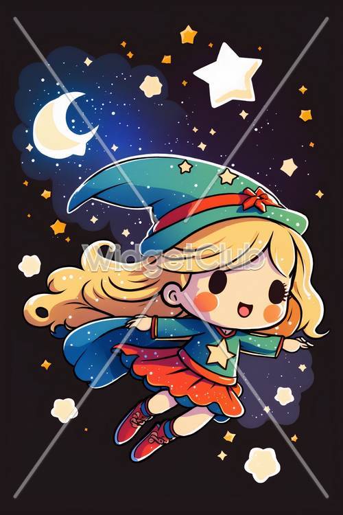 Magical Night Sky Adventure with Cute Witch Character