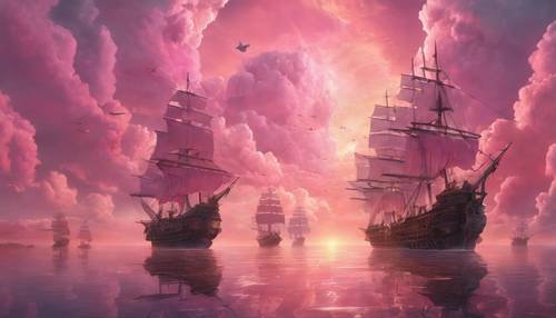 Eine Flotte komplexer Himmelsschiffe segelt zwischen flauschigen, rosa Sonnenuntergangswolken.
