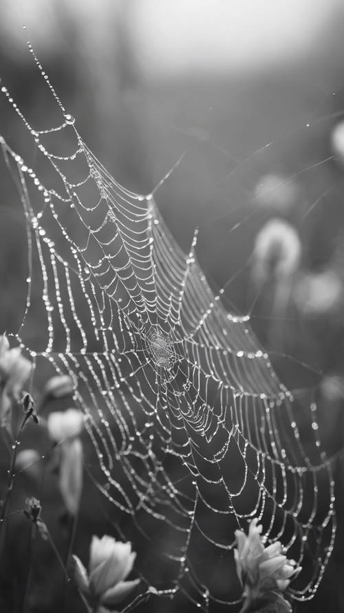 A detailed black and white macro shot of dew dispersed over a spiderweb, draped across wildflowers.