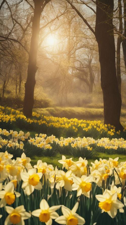 مشهد صباحي في الربيع مع أزهار النرجس تتمايل بلطف مع النسيم، مما يعكس ضوء الشمس الأصفر الدافئ.