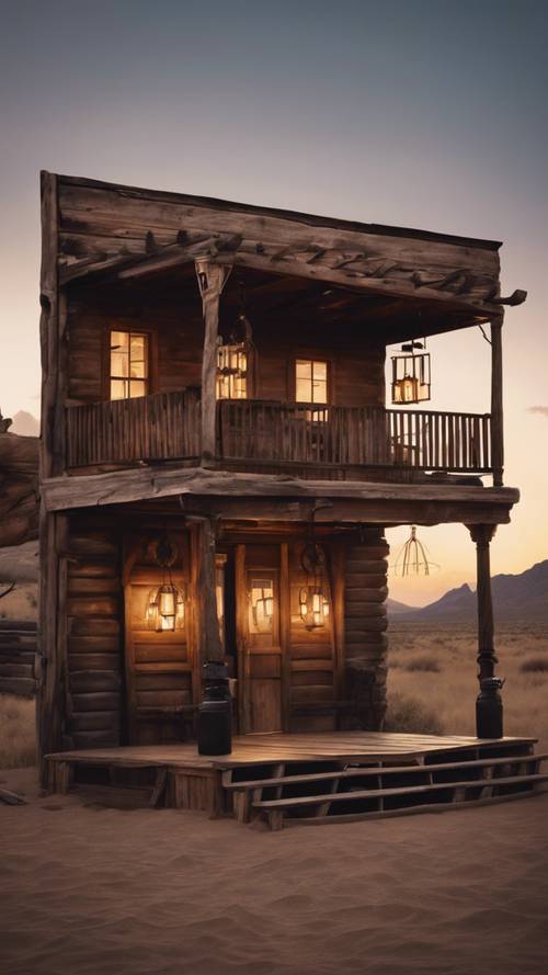 An old Western saloon at dusk, complete with wooden swing doors, oil lanterns, and a hitching post for horses. Tapeta [b01277cc141e4f348746]