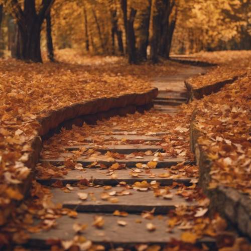An autumn path covered with leaves arranged according to a mathematical logarithmic spiral.