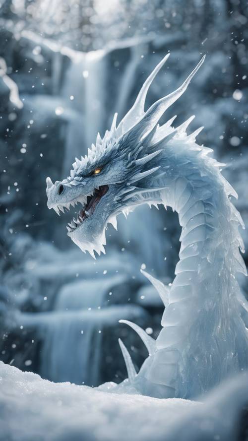Un dragon de glace gelant une cascade avec son souffle dans une forêt isolée enneigée.