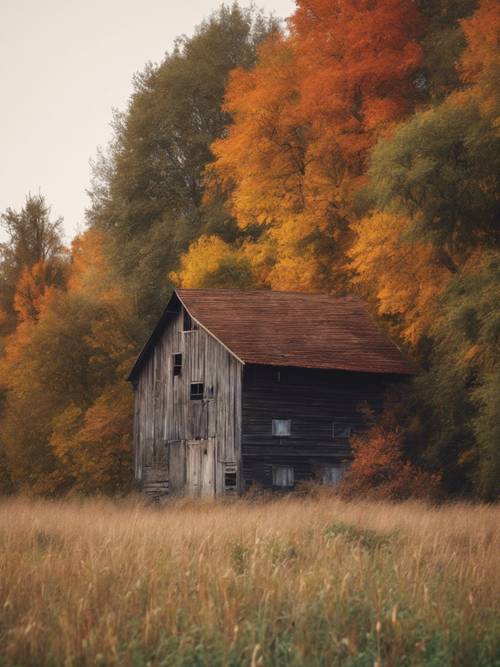 Eine alte Scheune mit verwittertem Aussehen, eingebettet in eine Wiese, umgeben von Bäumen, die in den Farben des Herbstes leuchten.