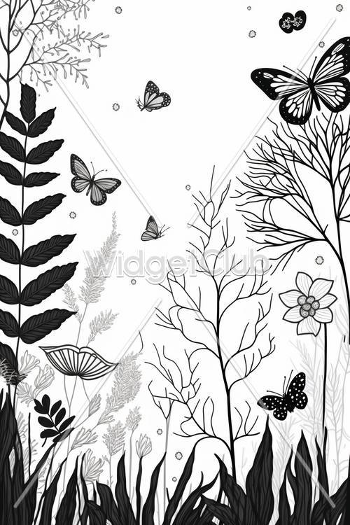 Mariposas y naturaleza en diseño monocromático.