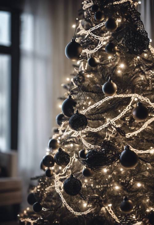 Festlicher Weihnachtsbaum mit Strängen aus schwarzer Spitze geschmückt Hintergrund [d4f4ac8b91bf4340a86e]