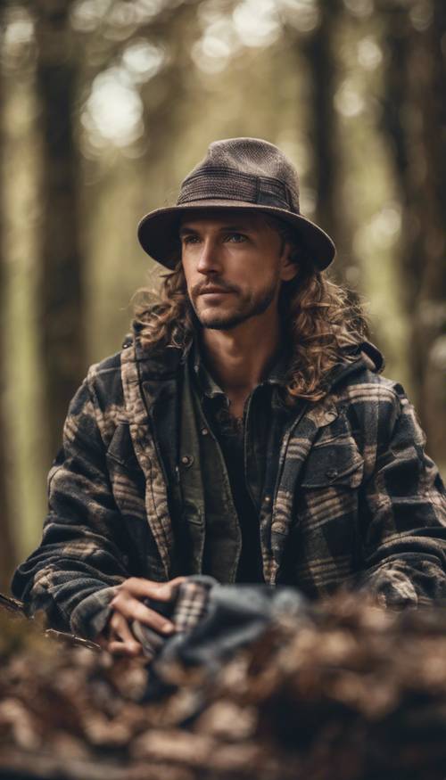 Roupas para atividades ao ar livre de Hunter, incluindo uma jaqueta xadrez escura e um chapéu, em um fundo de floresta.