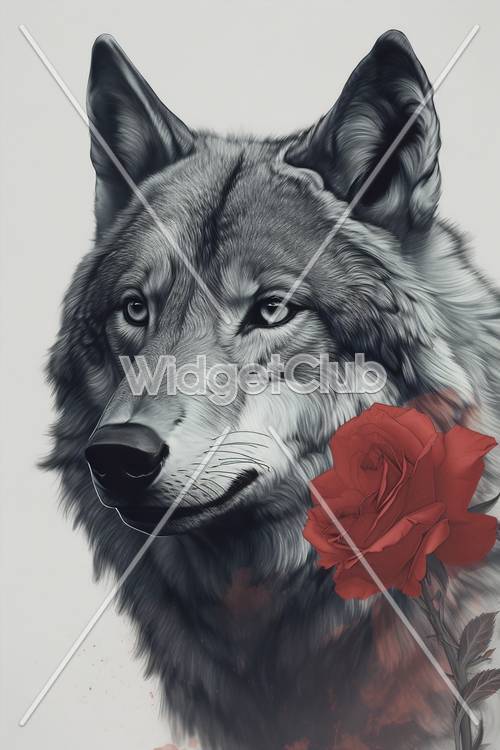 Splendido lupo grigio con grafica di rosa rossa