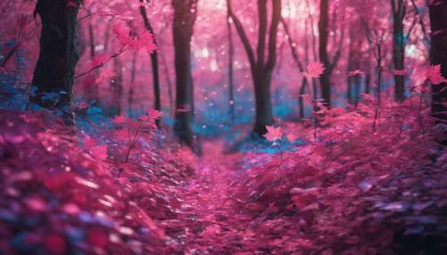 一片異想天開的森林，樹葉呈現鮮豔的粉紅色、紫色和藍色。