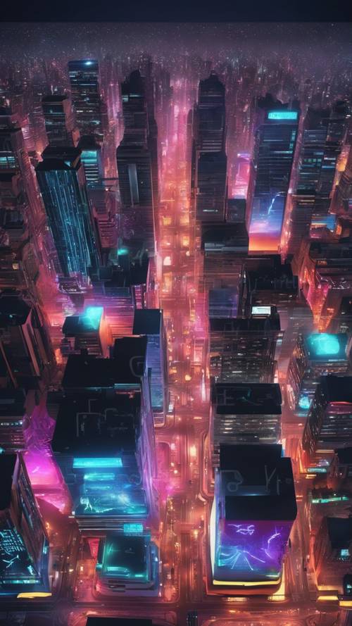 Uma vista panorâmica de uma extensa cidade neon na calada da noite.
